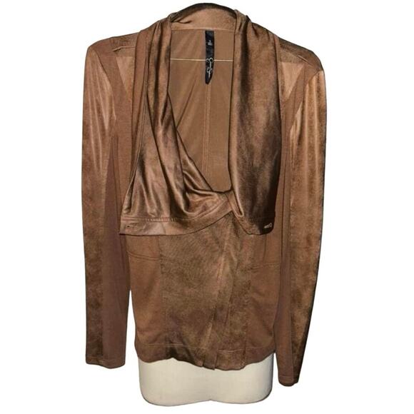 Jessica Simpson Cowl Neck Shawl Faux Leather Jacket Brown Drape Zip Size Small - Picture 2 of 5